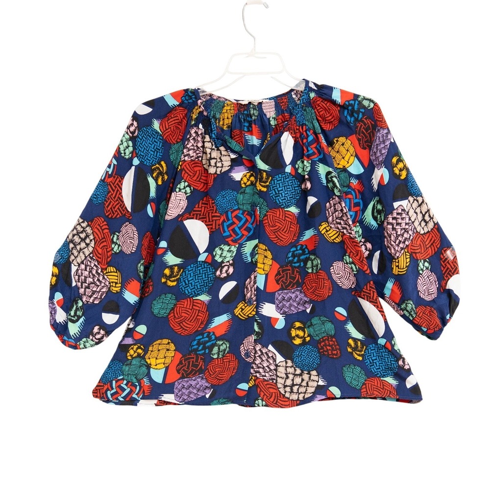 Tucker Silk Blouse Sz L Abstract Geometric Smocked Mod Artsy Eclectic Maximalist
